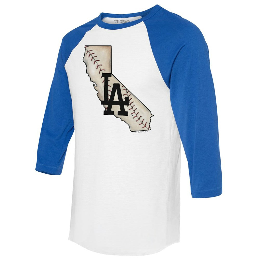 Los Angeles Dodgers Tiny Turnip Unisex State Outline 3/4-Sleeve Raglan T-Shirt - White/Royal T-shirts