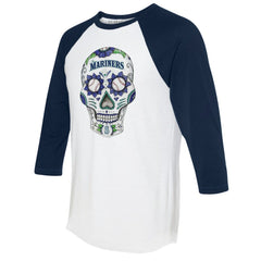 Seattle Mariners Tiny Turnip Unisex Sugar Skull 3/4-Sleeve Raglan T-Shirt - White/Navy T-shirts