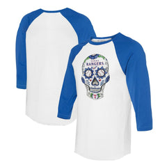 Texas Rangers Tiny Turnip Unisex Sugar Skull 3/4-Sleeve Raglan T-Shirt - White/Royal T-shirts