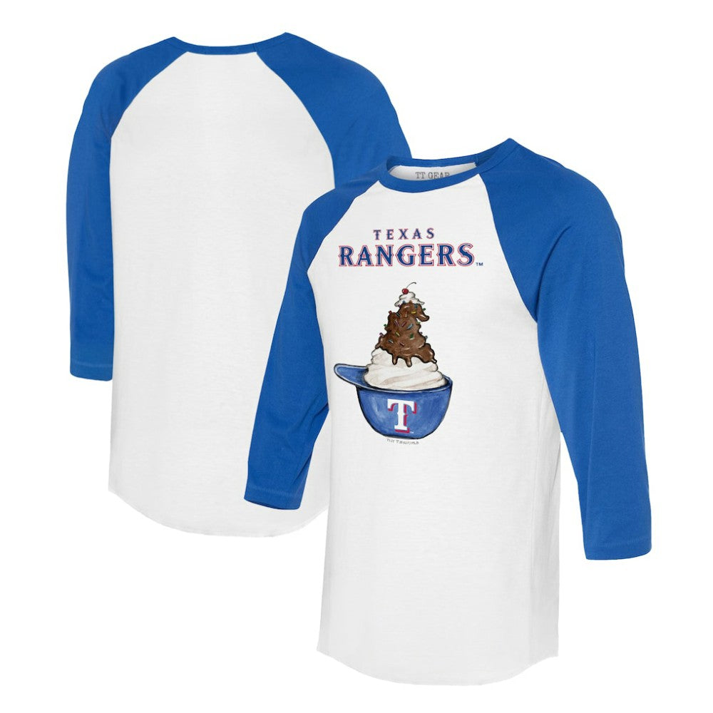 Texas Rangers Tiny Turnip Unisex Sundae Helmet 3/4-Sleeve Raglan T-Shirt - White/Royal T-shirts