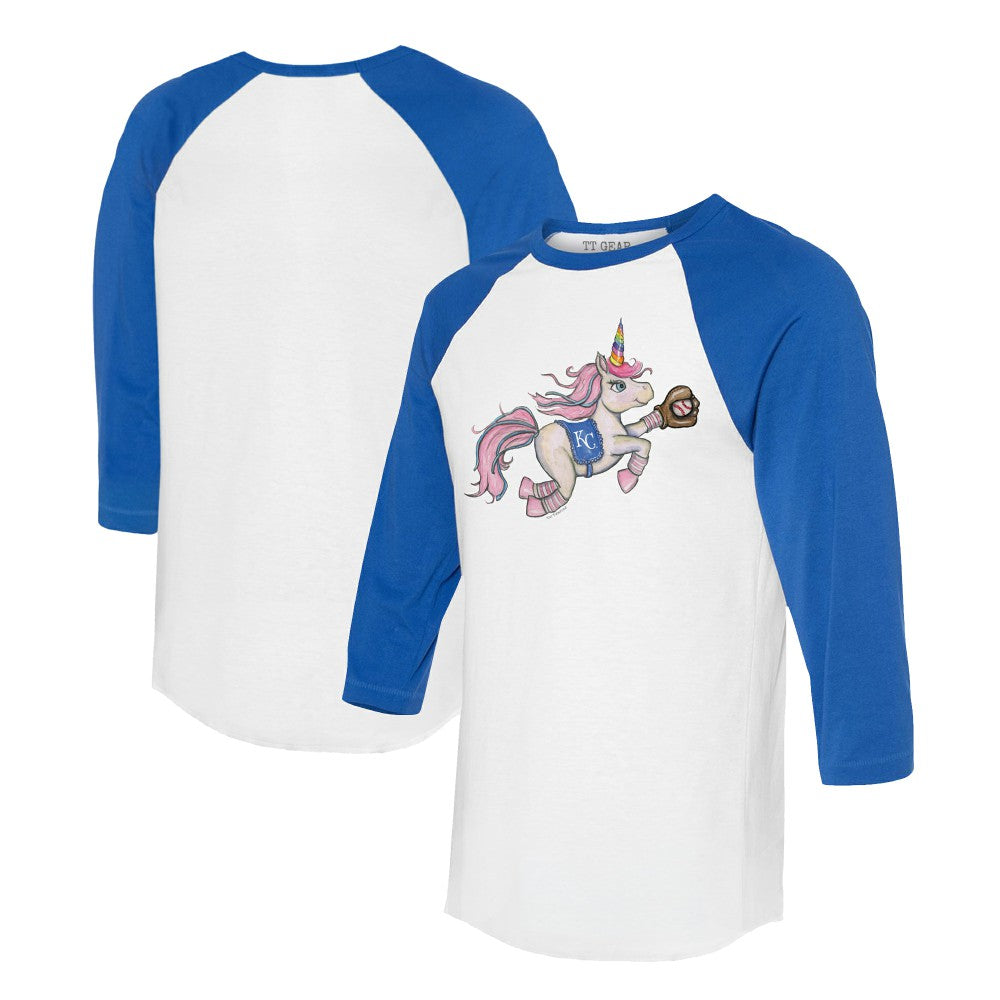 Kansas City Royals Tiny Turnip Unisex Unicorn 3/4-Sleeve Raglan T-Shirt - White/Royal T-shirts