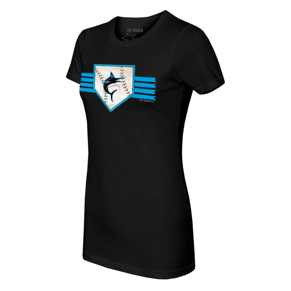 Miami Marlins Tiny Turnip Women's Base Stripe T-Shirt - Black T-shirts