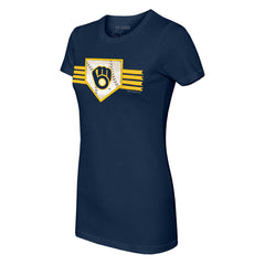 Milwaukee Brewers Tiny Turnip Women's Base Stripe T-Shirt - Navy T-shirts