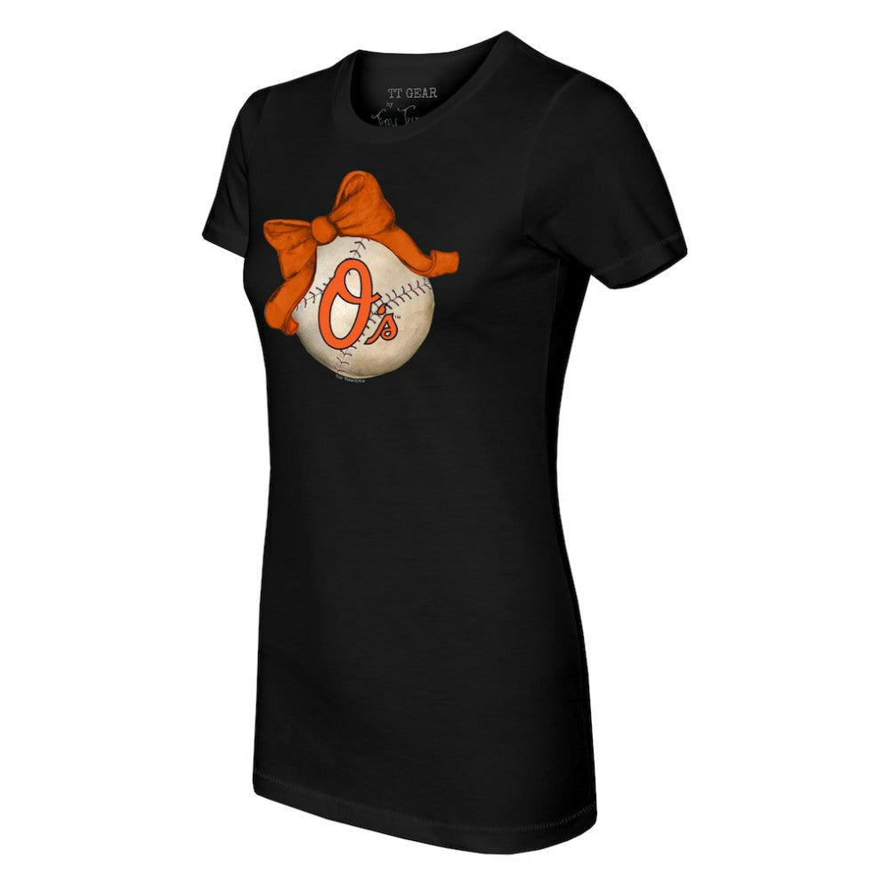 Baltimore Orioles Tiny Turnip Women's Baseball Bow T-Shirt - Black T-shirts