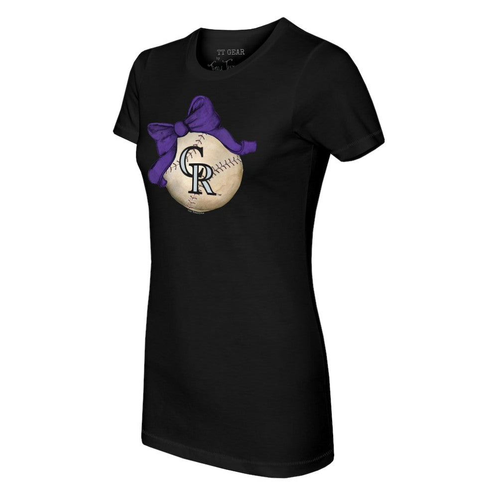 Colorado Rockies Tiny Turnip Women's Baseball Bow T-Shirt - Black T-shirts