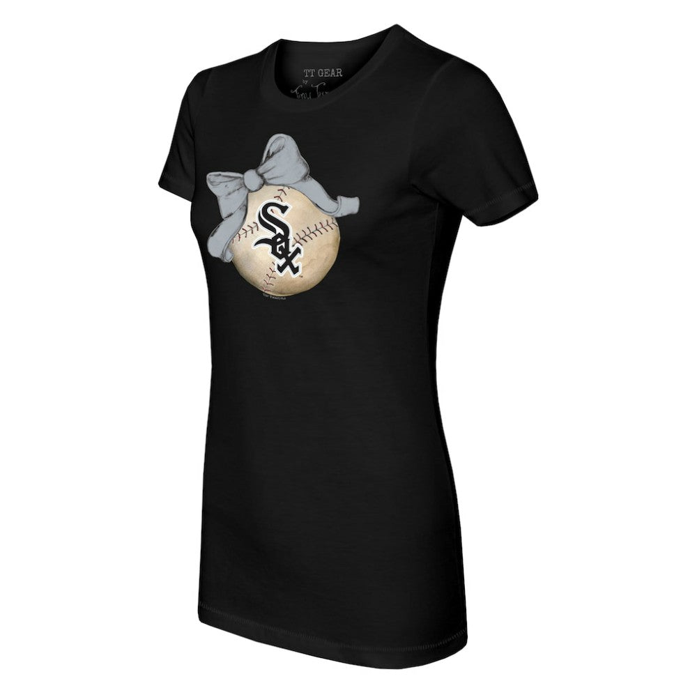 Chicago White Sox Tiny Turnip Women's Baseball Bow T-Shirt - Black T-shirts
