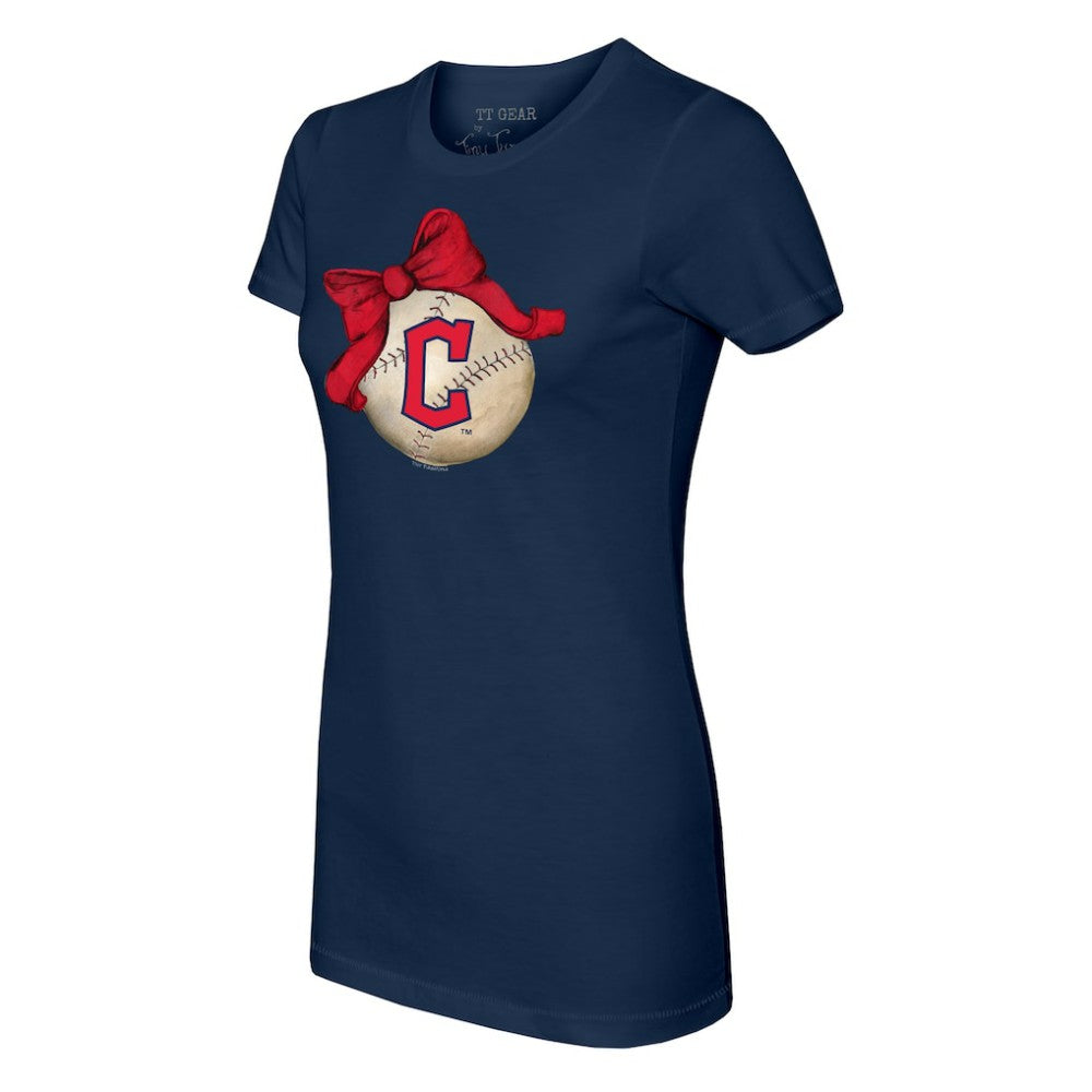 Cleveland Guardians Tiny Turnip Women's Baseball Bow T-Shirt - Navy T-shirts