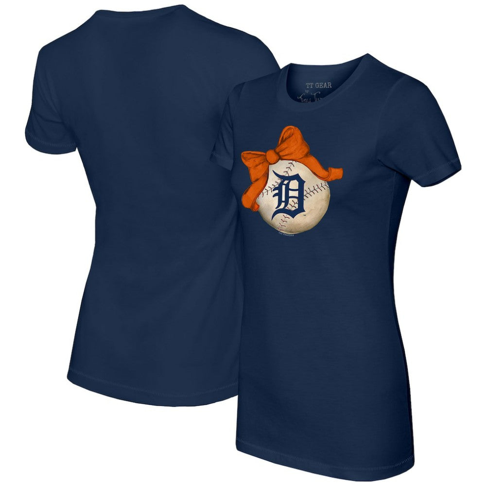 Detroit Tigers Tiny Turnip Women's Baseball Bow T-Shirt - Navy T-shirts