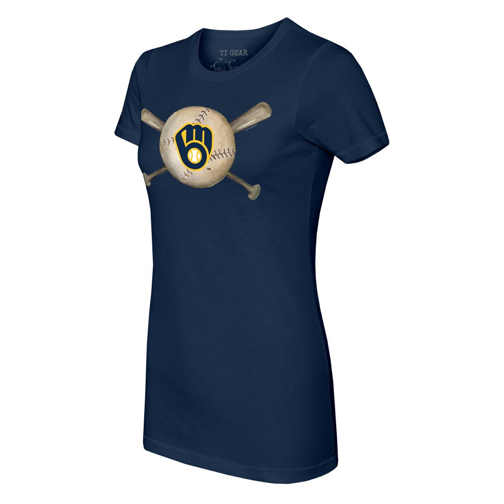 Milwaukee Brewers Tiny Turnip Women's Baseball Cross Bats T-Shirt - Navy T-shirts