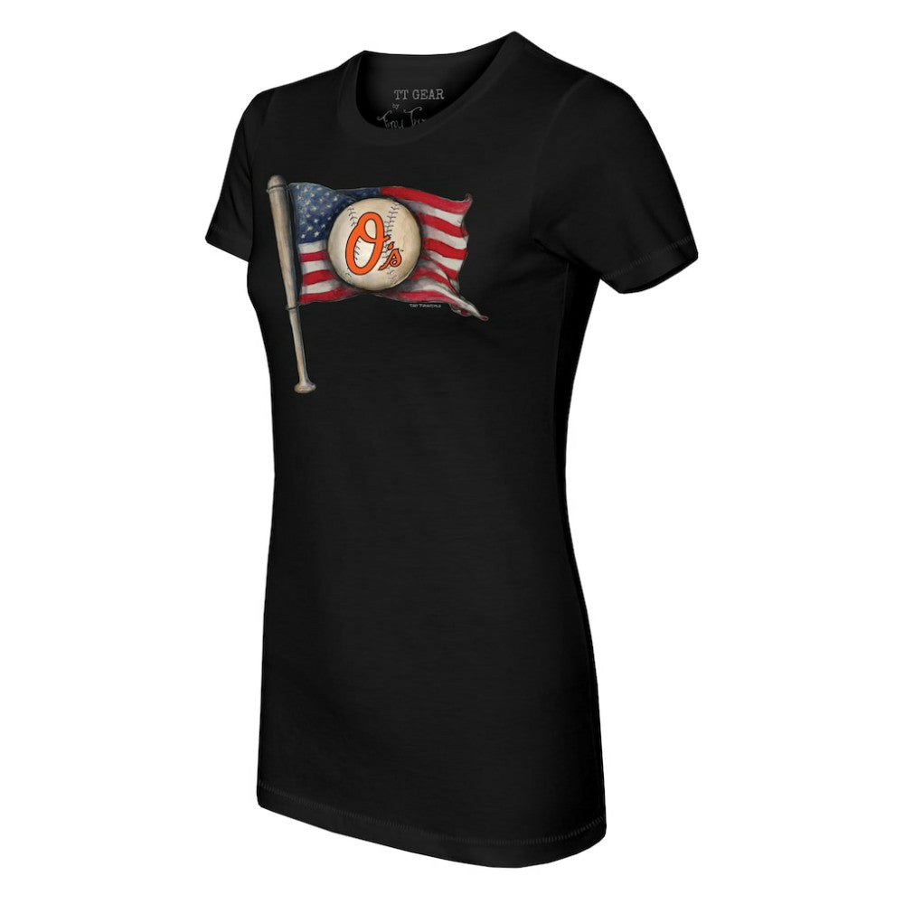 Baltimore Orioles Tiny Turnip Women's Baseball Flag T-Shirt - Black T-shirts