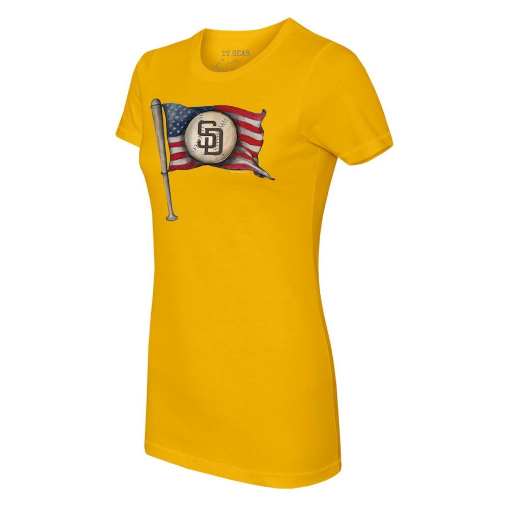 San Diego Padres Tiny Turnip Women's Baseball Flag T-Shirt - Gold T-shirts