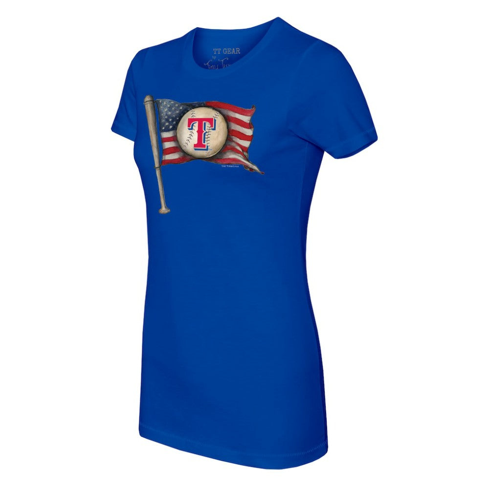 Texas Rangers Tiny Turnip Women's Baseball Flag T-Shirt - Royal T-shirts