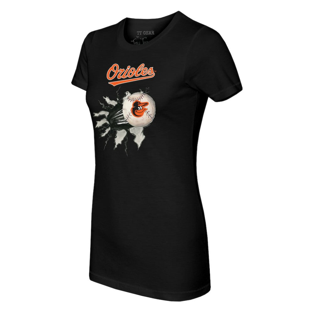 Baltimore Orioles Tiny Turnip Women's Baseball Tear T-Shirt - Black T-shirts