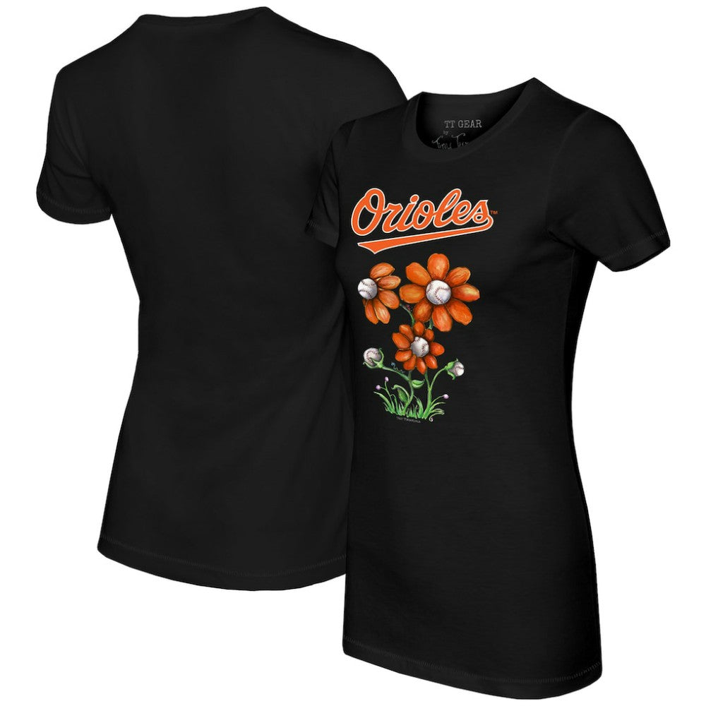 Baltimore Orioles Tiny Turnip Women's Blooming Baseballs T-Shirt - Black T-shirts