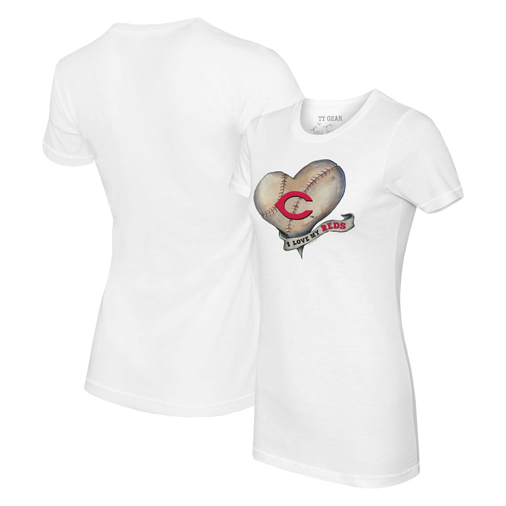 Cincinnati Reds Tiny Turnip Women's Heart Banner T-Shirt - White T-shirts