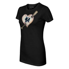 Miami Marlins Tiny Turnip Women's Heart Bat T-Shirt - Black T-shirts