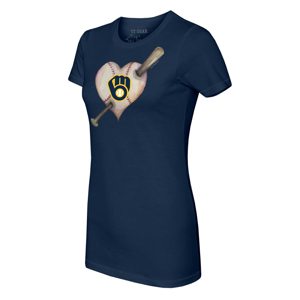 Milwaukee Brewers Tiny Turnip Women's Heart Bat T-Shirt - Navy T-shirts