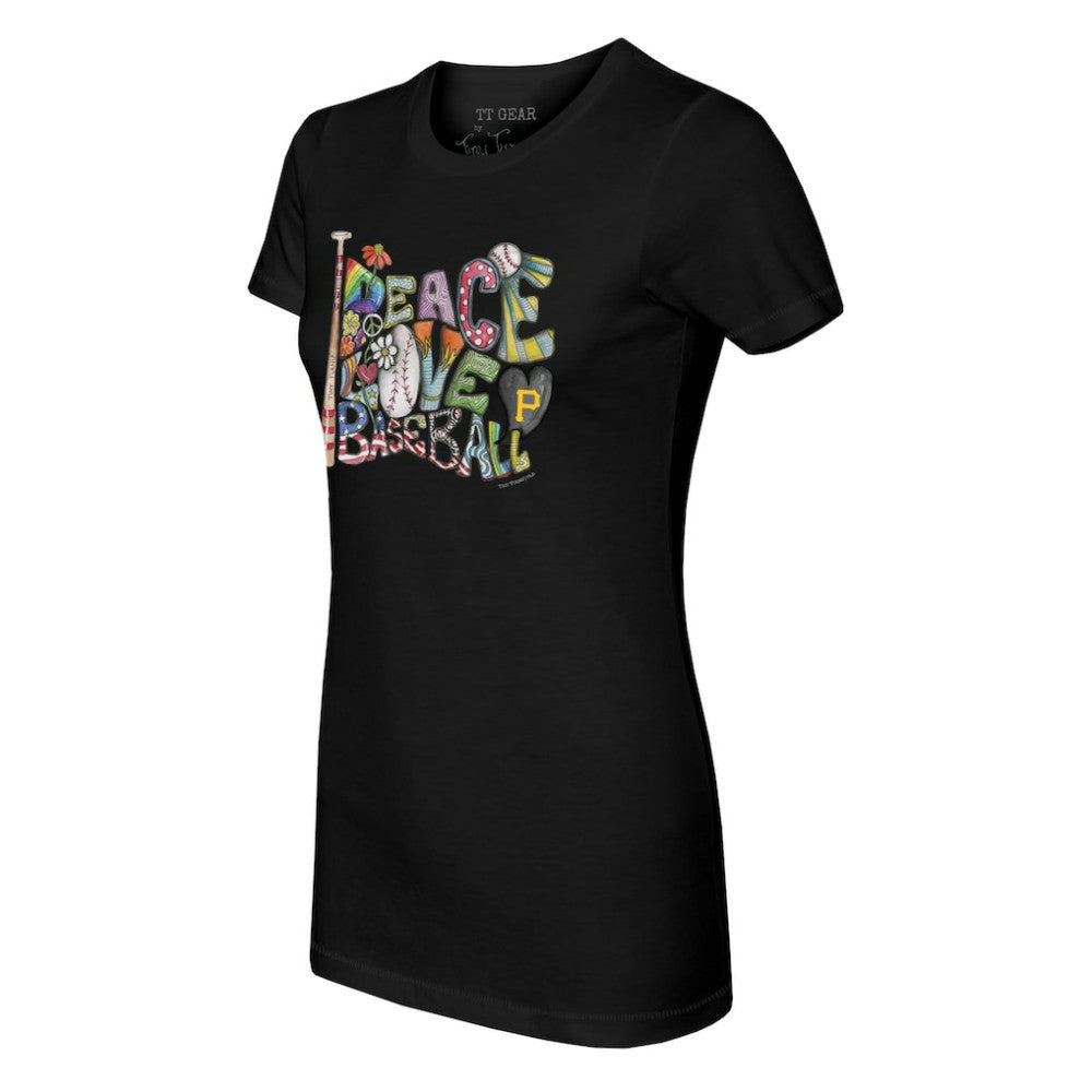 Pittsburgh Pirates Tiny Turnip Women's Peace Love Baseball Fitted T-Shirt - Black T-shirts