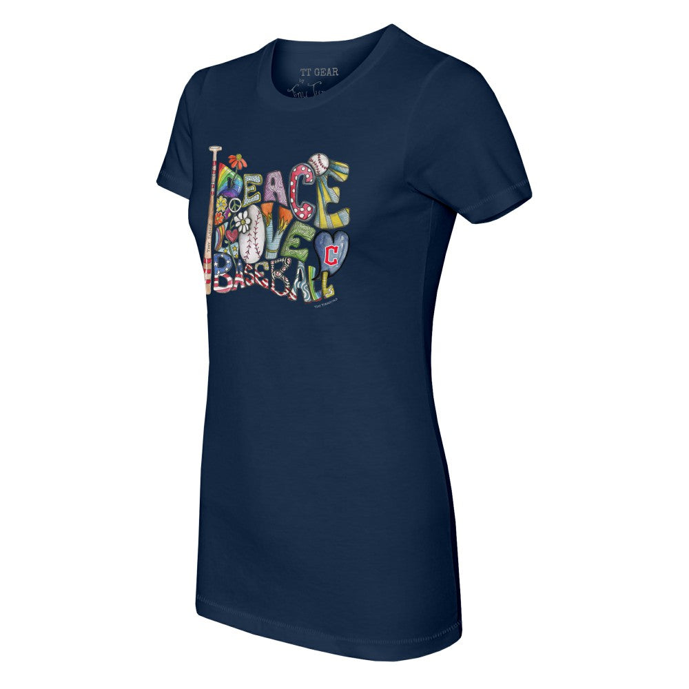 Cleveland Guardians Tiny Turnip Women's Peace Love Baseball Fitted T-Shirt - Navy T-shirts