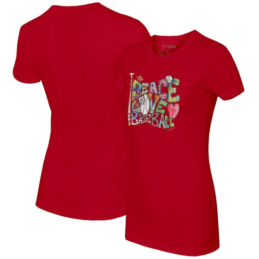Philadelphia Phillies Tiny Turnip Women's Peace Love Baseball Fitted T-Shirt - Red T-shirts