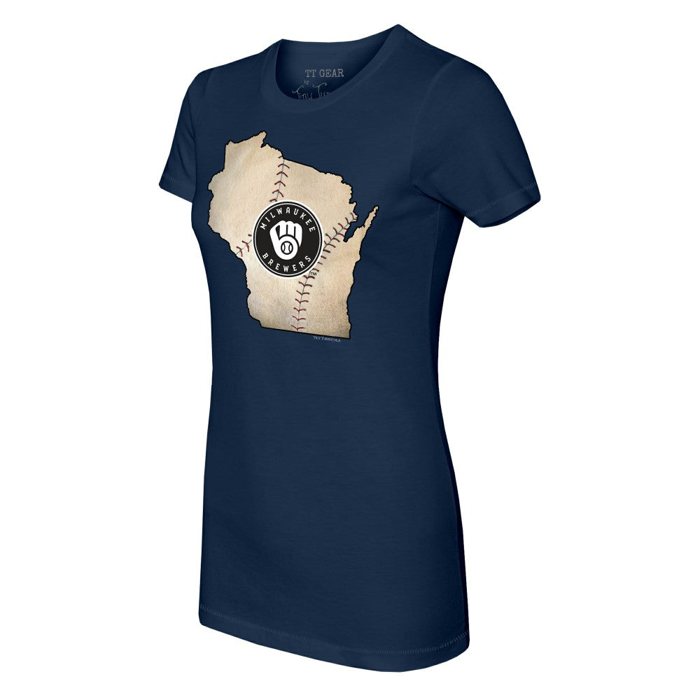 Milwaukee Brewers Tiny Turnip Women's State Outline T-Shirt - Navy T-shirts