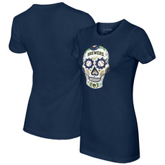 Milwaukee Brewers Tiny Turnip Women's Sugar Skull T-Shirt - Navy T-shirts