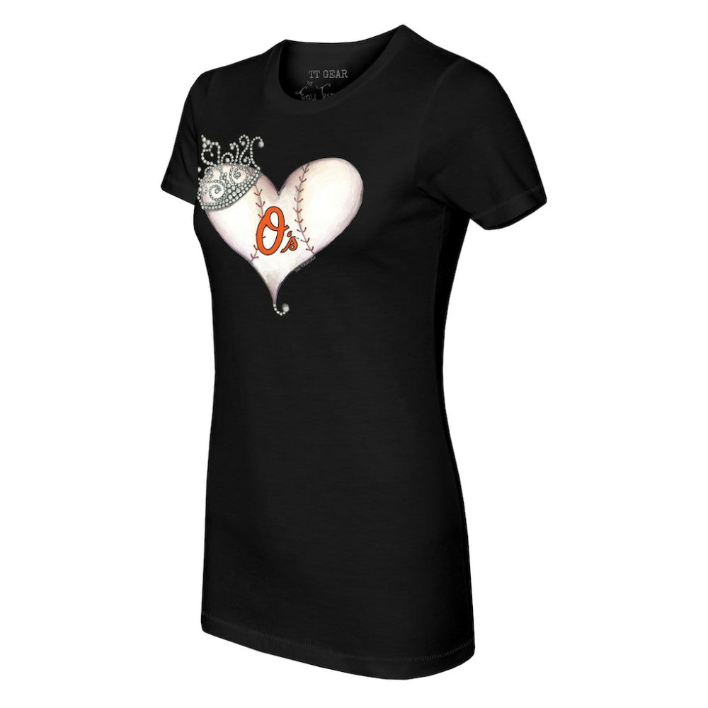 Baltimore Orioles Tiny Turnip Women's Tiara Heart T-Shirt - Black T-shirts