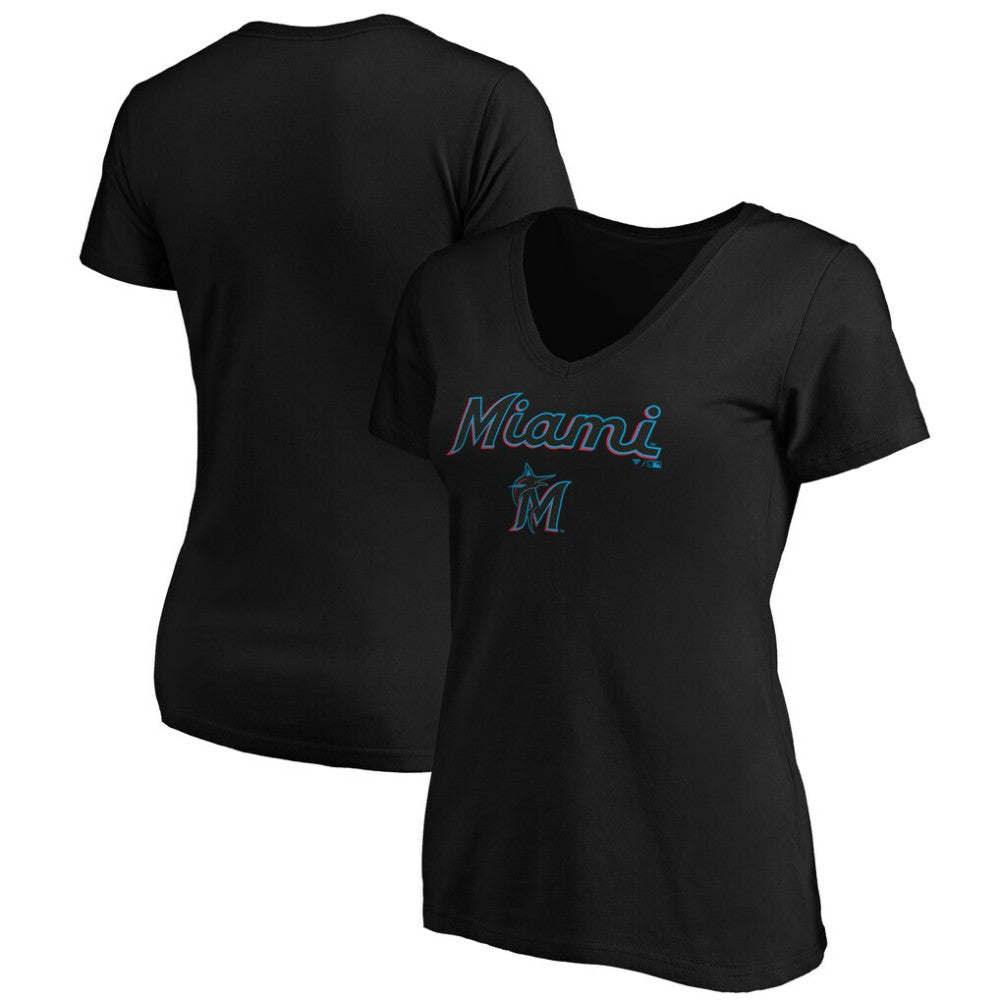 Miami Marlins Women's Core Team Lock Up V-Neck T-Shirt - Black T-shirts