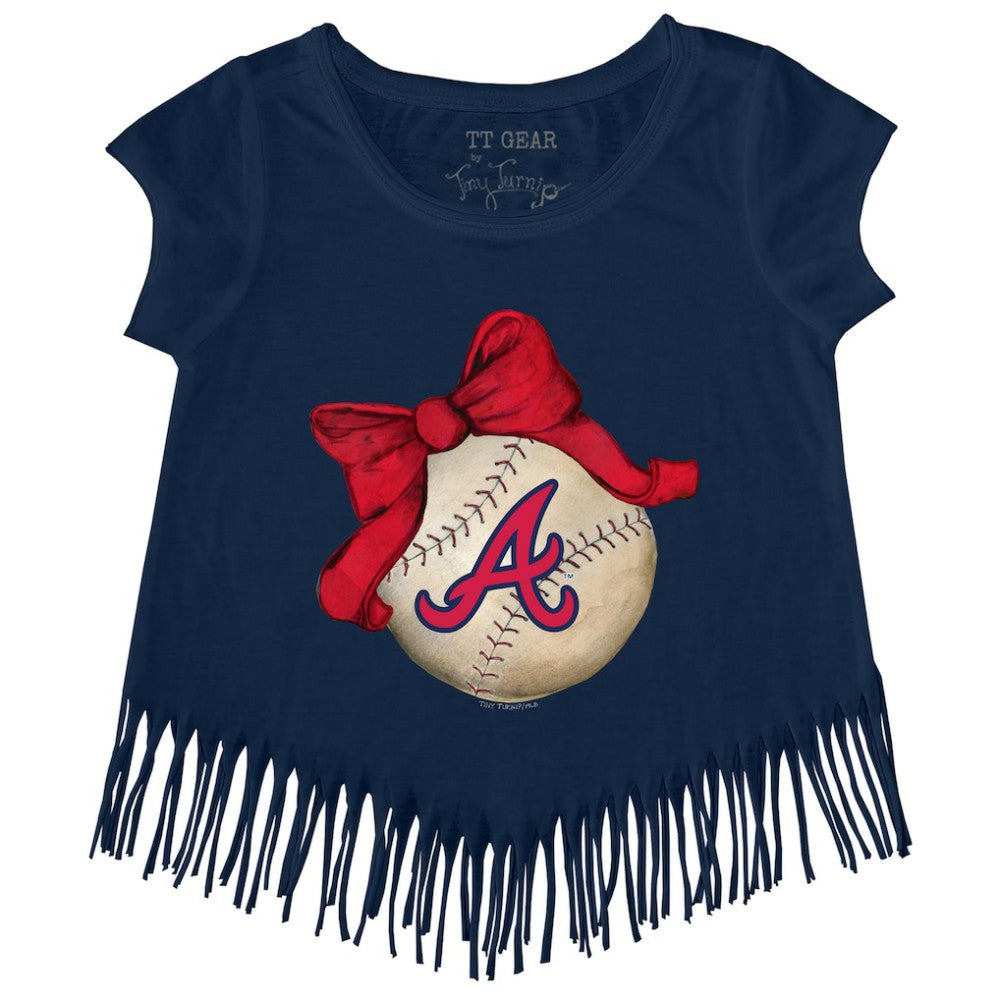 Atlanta Braves Tiny Turnip Girls Youth Baseball Bow Fringe T-Shirt - Navy T-shirts