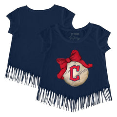 Cleveland Guardians Tiny Turnip Girls Youth Baseball Bow Fringe T-Shirt - Navy T-shirts