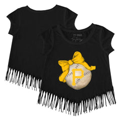 Pittsburgh Pirates Tiny Turnip Girls Youth Baseball Bow Fringe T-Shirt - Black T-shirts