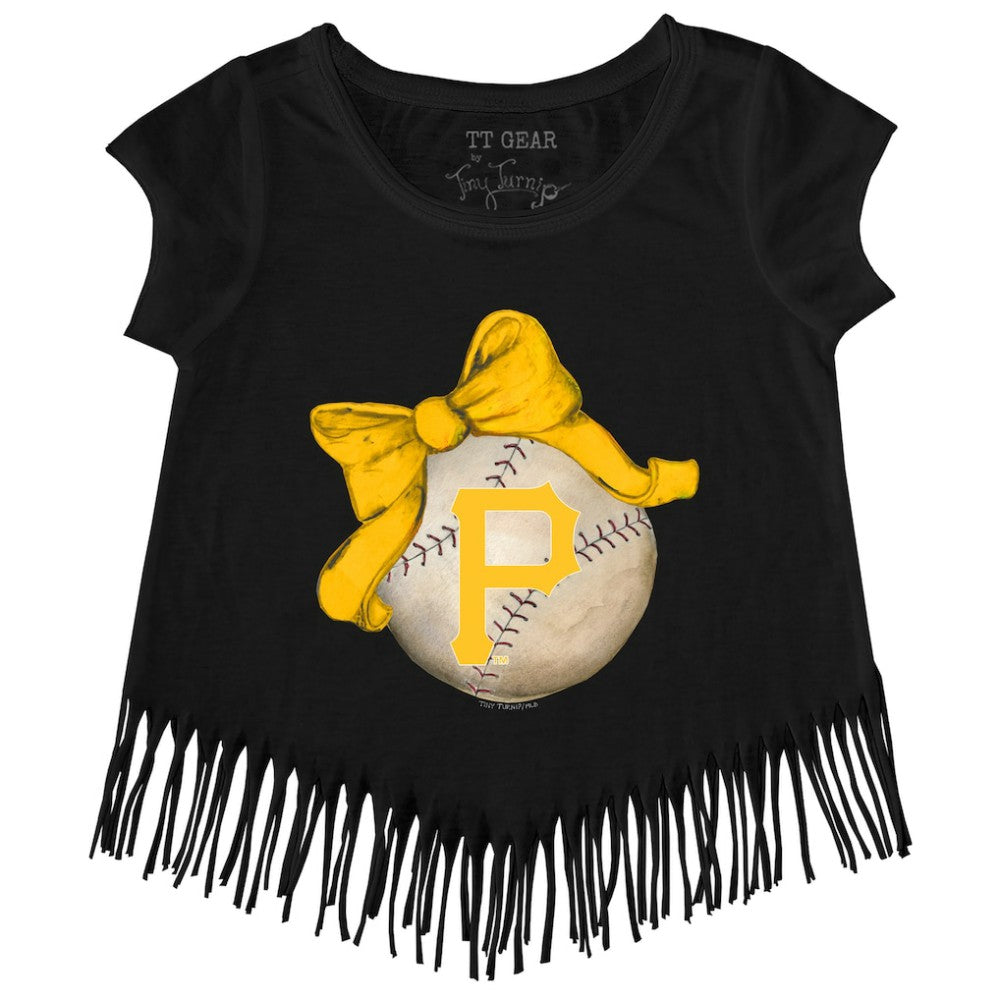 Pittsburgh Pirates Tiny Turnip Girls Youth Baseball Bow Fringe T-Shirt - Black T-shirts