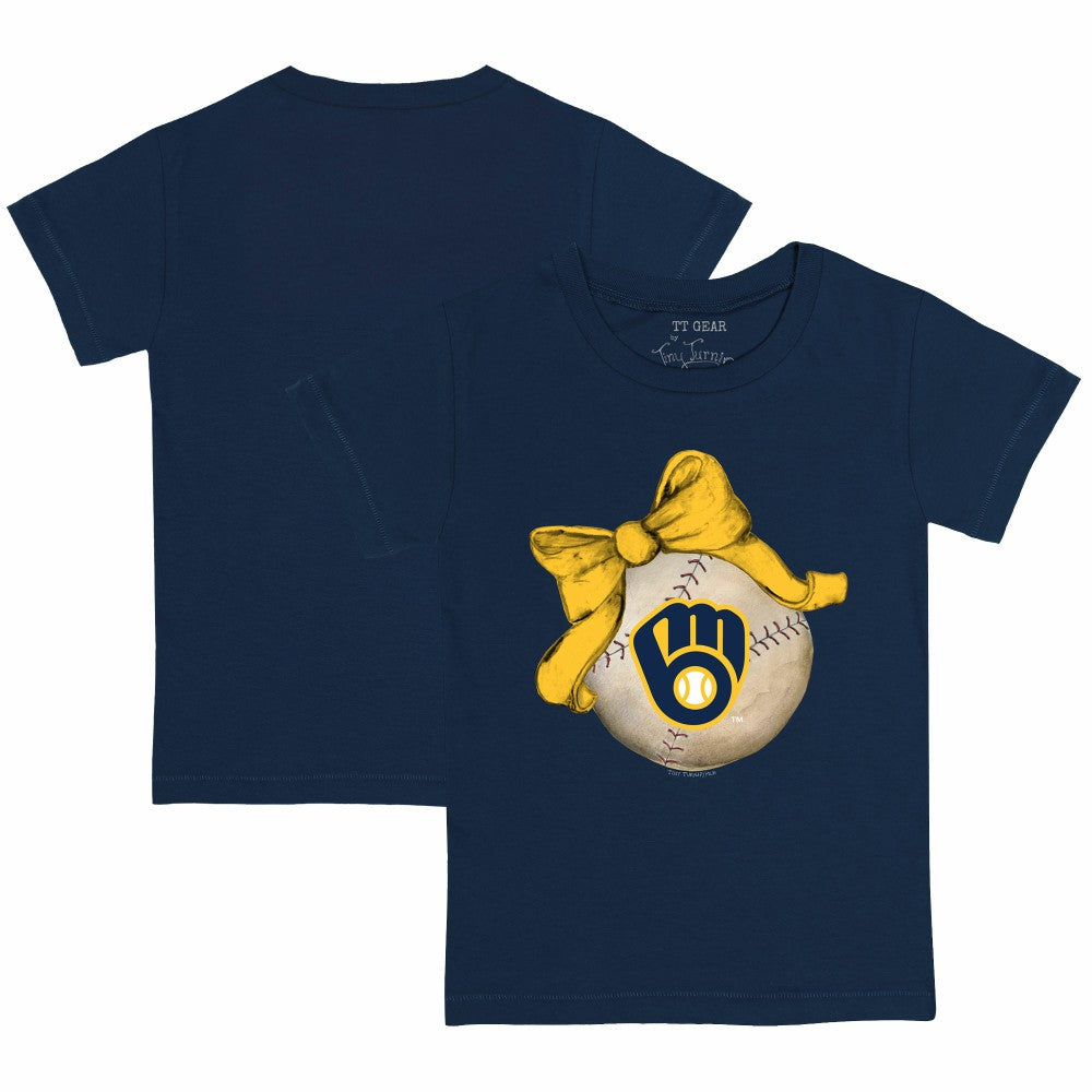 Milwaukee Brewers Tiny Turnip Youth Baseball Bow T-Shirt - Navy T-shirts
