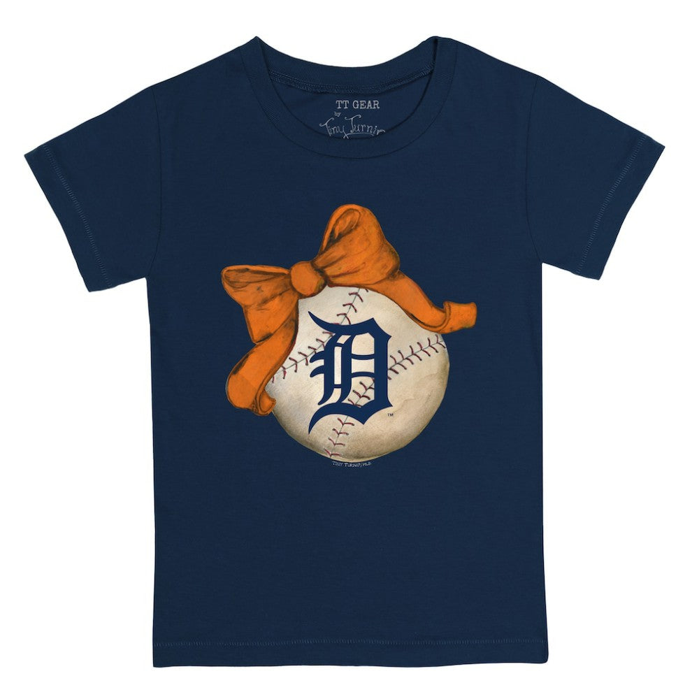 Detroit Tigers Tiny Turnip Youth Baseball Bow T-Shirt - Navy T-shirts