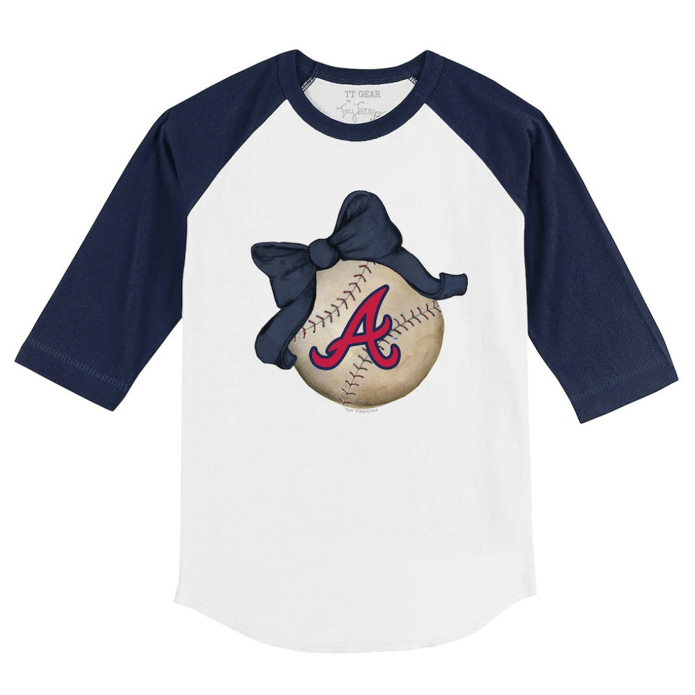 Atlanta Braves Tiny Turnip Youth Baseball Bow 3/4-Sleeve Raglan T-Shirt - White/Navy T-shirts