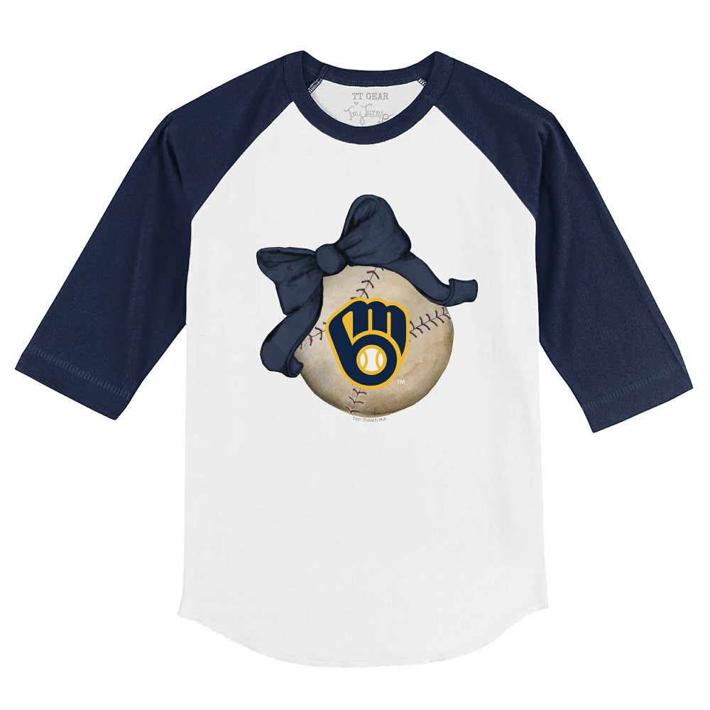 Milwaukee Brewers Tiny Turnip Youth Baseball Bow 3/4-Sleeve Raglan T-Shirt - White/Navy T-shirts