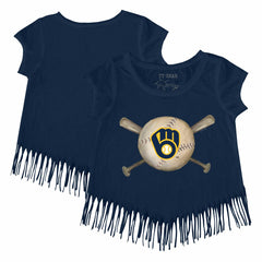 Milwaukee Brewers Tiny Turnip Girls Youth Baseball Cross Bats Fringe T-Shirt - Navy T-shirts