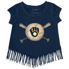 Milwaukee Brewers Tiny Turnip Girls Youth Baseball Cross Bats Fringe T-Shirt - Navy T-shirts