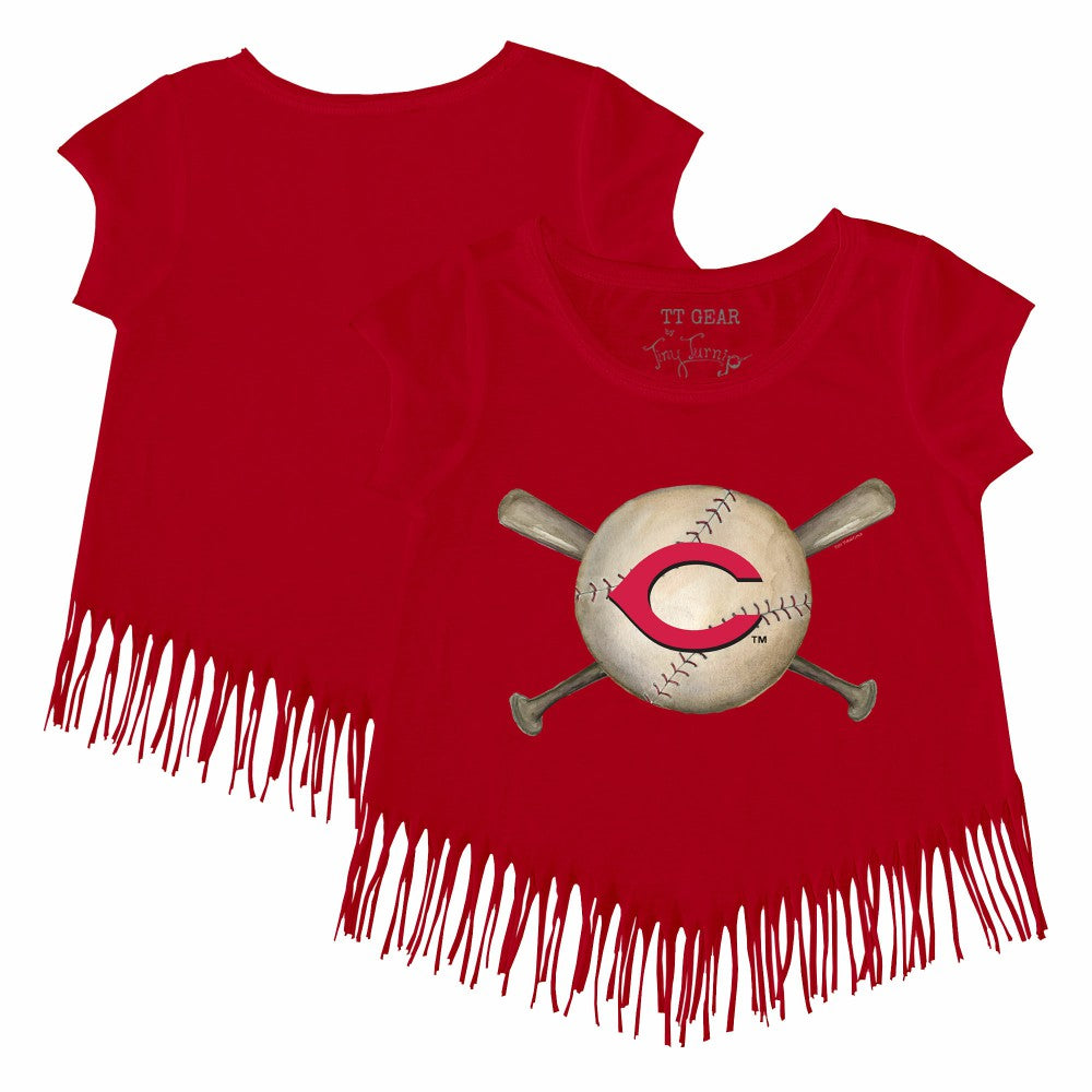 Cincinnati Reds Tiny Turnip Girls Youth Baseball Cross Bats Fringe T-Shirt - Red T-shirts