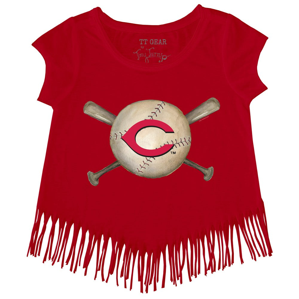 Cincinnati Reds Tiny Turnip Girls Youth Baseball Cross Bats Fringe T-Shirt - Red T-shirts
