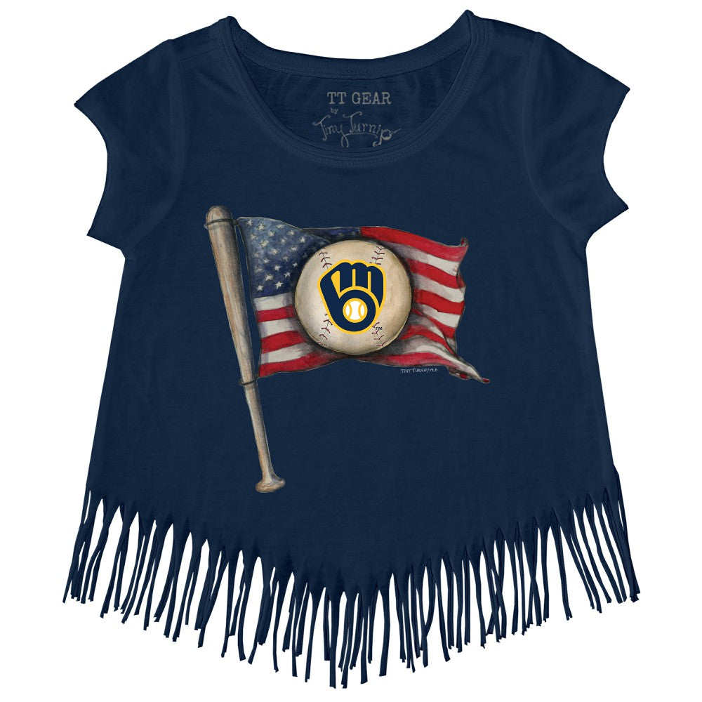 Milwaukee Brewers Tiny Turnip Girls Youth Baseball Flag Fringe T-Shirt - Navy T-shirts