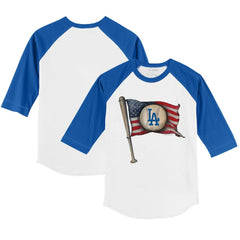 Los Angeles Dodgers Tiny Turnip Youth Baseball Flag 3/4-Sleeve Raglan T-Shirt - White/Royal T-shirts