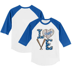 Los Angeles Dodgers Tiny Turnip Youth Baseball Love 3/4-Sleeve Raglan T-Shirt - White/Royal T-shirts