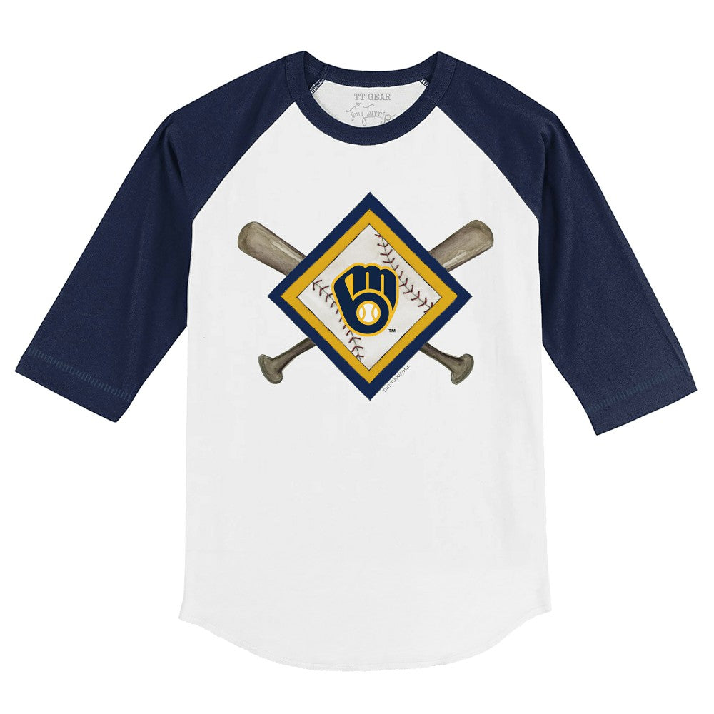 Milwaukee Brewers Tiny Turnip Youth Diamond Cross Bats 3/4-Sleeve Raglan T-Shirt - White/Navy T-shirts