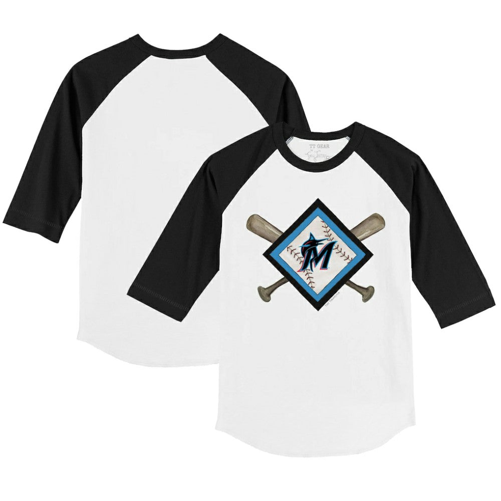 Miami Marlins Tiny Turnip Youth Diamond Cross Bats 3/4-Sleeve Raglan T-Shirt - White/Black T-shirts