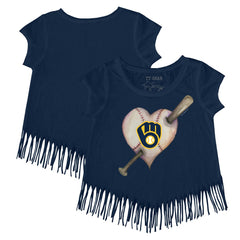 Milwaukee Brewers Tiny Turnip Girls Youth Heart Bat Fringe T-Shirt - Navy T-shirts