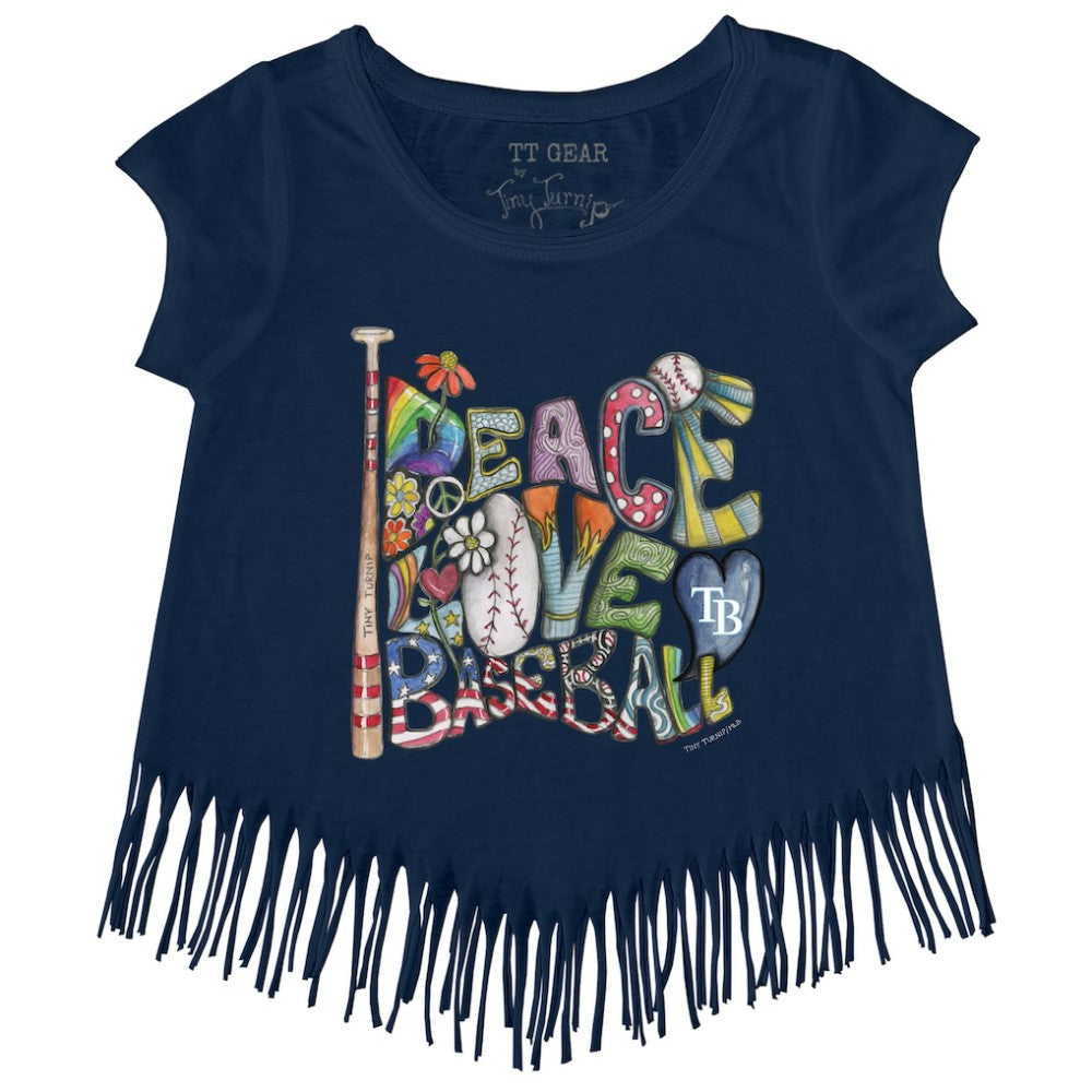 Tampa Bay Rays Tiny Turnip Girls Youth Peace Love Baseball Fringe T-Shirt - Navy T-shirts