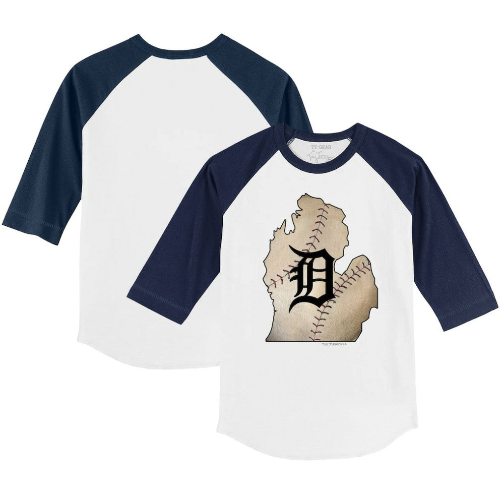 Detroit Tigers Tiny Turnip Youth State Outline 3/4-Sleeve Raglan T-Shirt - White/Navy T-shirts