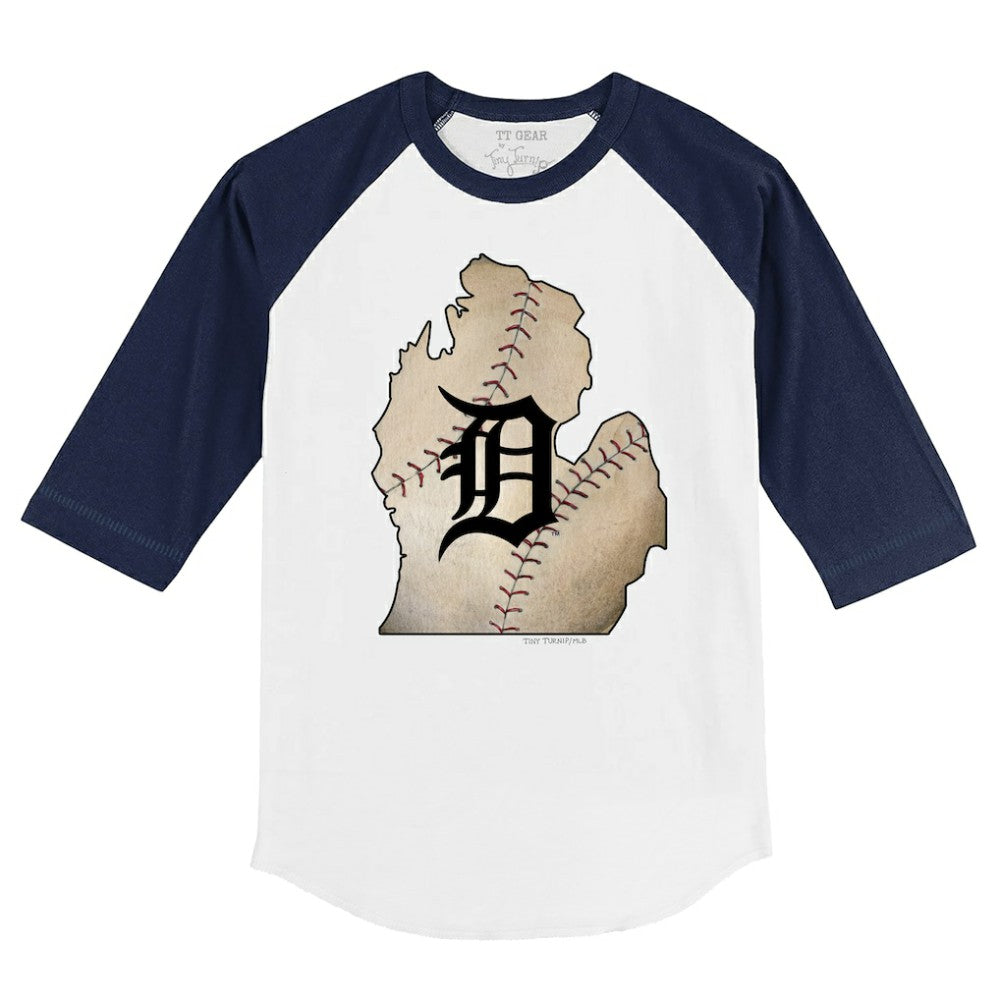 Detroit Tigers Tiny Turnip Youth State Outline 3/4-Sleeve Raglan T-Shirt - White/Navy T-shirts