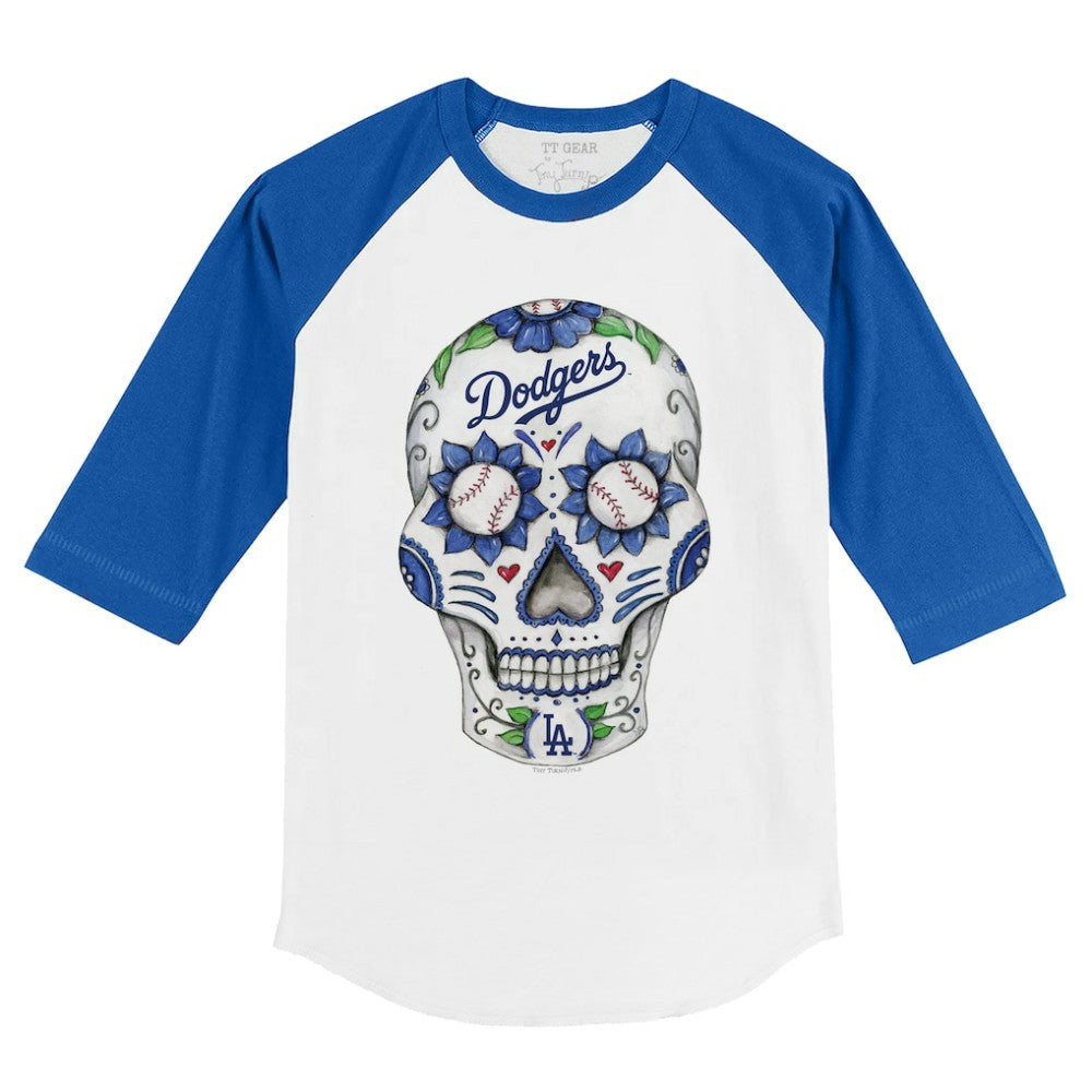 Los Angeles Dodgers Tiny Turnip Youth Sugar Skull 3/4-Sleeve Raglan T-Shirt - White/Royal T-shirts
